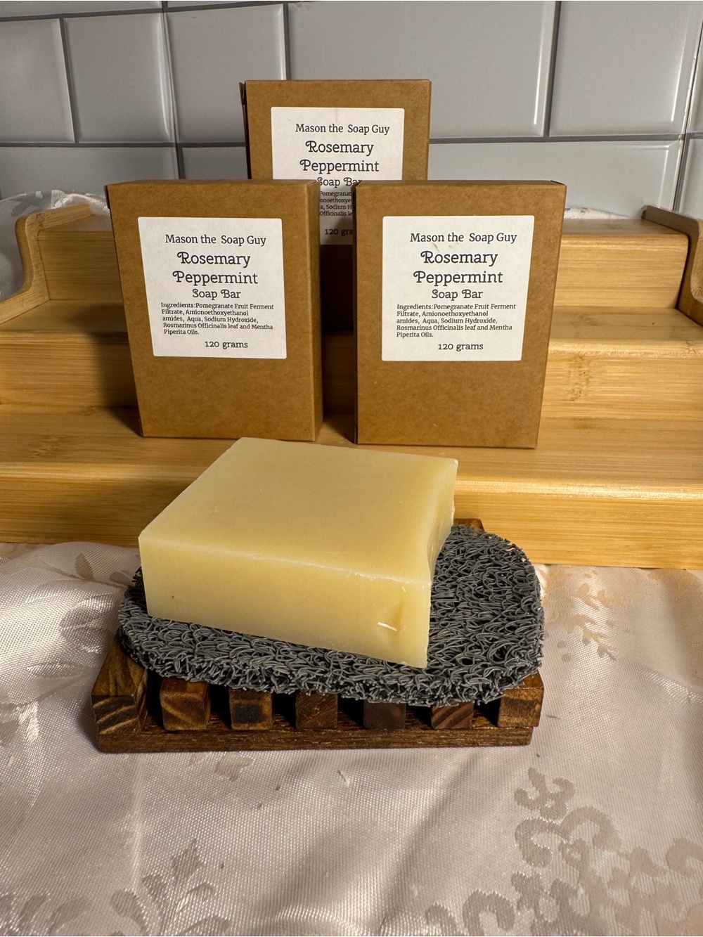 3 Vegan Rosemary Peppermint Soap Bars, a Soap Saver and Bamboo Soap Dish.